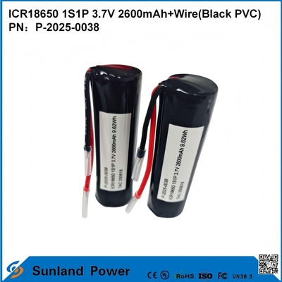ICR18650 1S1P 3.7V 2600mAh+draad ((Zwart PVC) accu