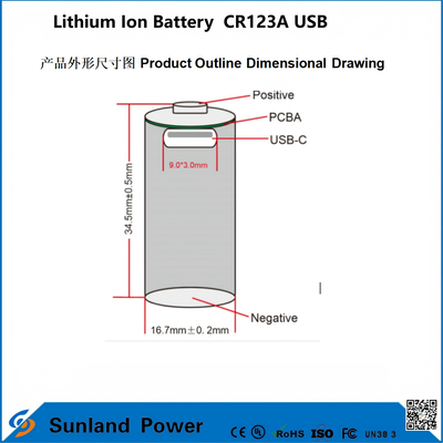 Lithium-ionbatterij CR123A USB toepasbaar voor de productie van USB-oplaadbare lithium-ionbatterijen.