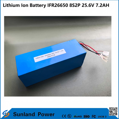 De IFR26650 8S2P 25,6V 7,2Ah LiFePO4-batterij wordt veel gebruikt in zonne-trackingsystemen, telecom back-up stroomvoorzieningen, draagbare instrumenten en compacte AGV's