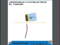 LP602535-500mAh-1 3.7V+PCM+JST PHR-2P batterij